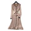High-end niche socialite contrasting color V-neck long-sleeved single-breasted waist knitted dress women's inner fishtail dress