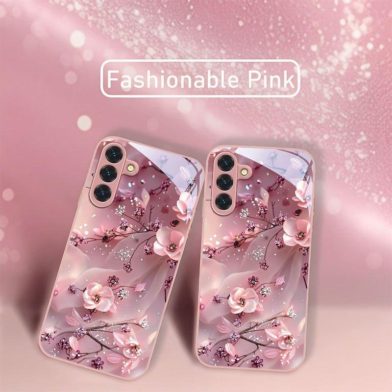 Pink Cherry Blossom Printed Tempered Glass Phone Case Suitable for Samsung Galaxy S26 S25 S24 S22 S21 S20FE/Ultra/Plus Anti Drop