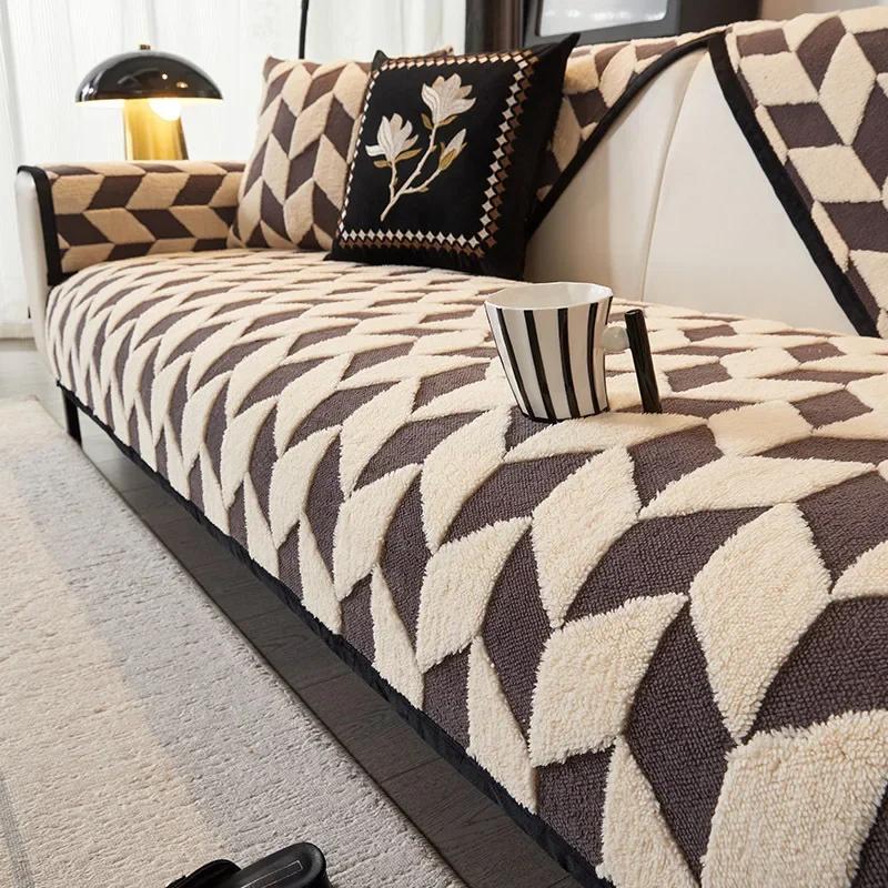 Chenille Sofa Cover Herringbone Striped Couch Mat Nonslip Thickened Couch Cushion Geometric Diamond Grid Four Seasons Sofa Cover