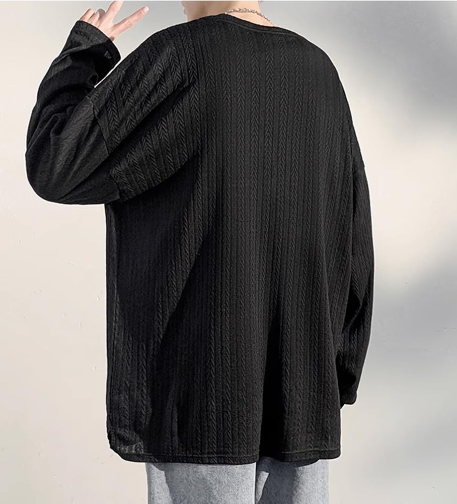 Poperdision Long Sleeve Loose Fit Solid Round Men's T-Shirt, Autumn/Winter Collection, Color, Simple, Stylish, Popular, Casual, Collar, Soft,