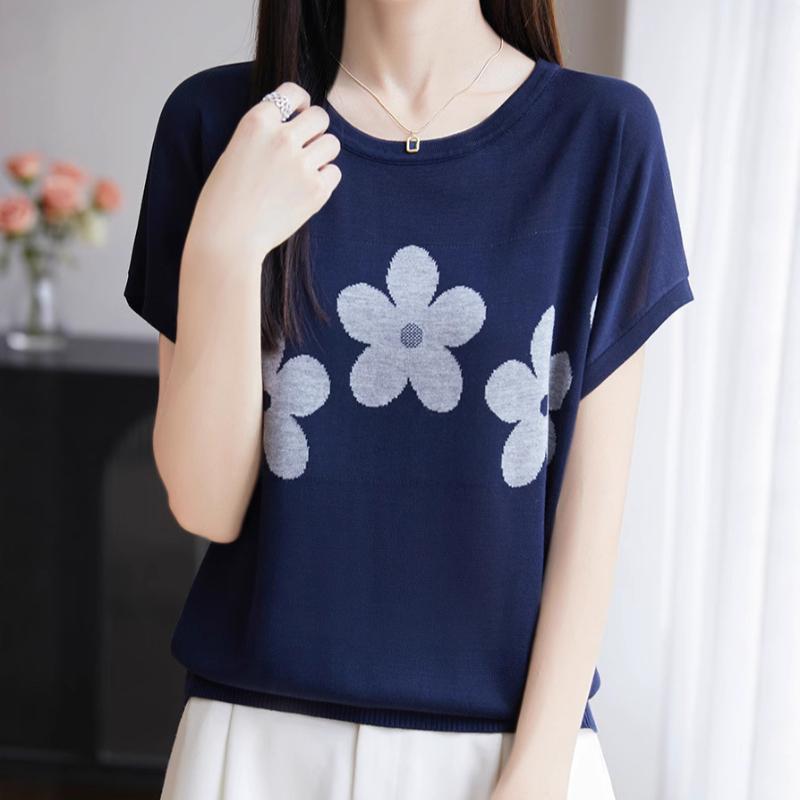 Knitted  Top Spring Summer Jacquard Women's T-shirt Short Sleeve Loose Tees Round Neck  Tops Cool