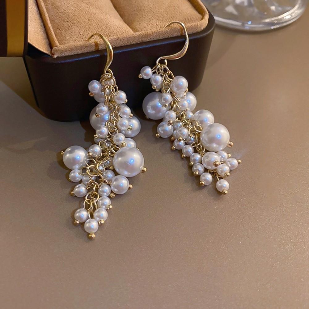 Leaf and Grape Pearl Tassel Ear Hook Faux Pearl Vintage Dangle Earrings Jewelry Gift