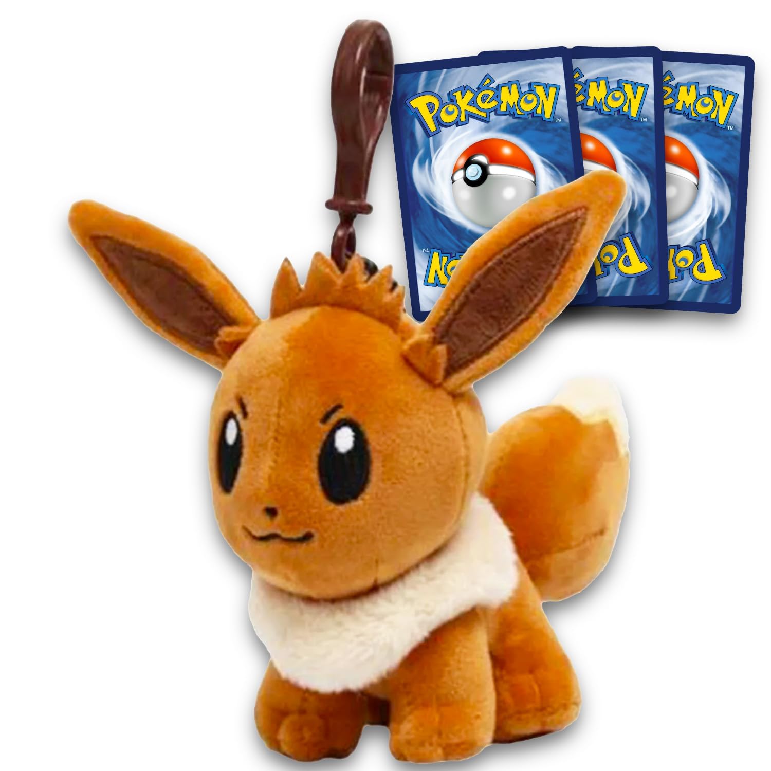 Nintendo Eevee Plush Keychain Set 5-Inch Eevee Plush and Pokémon Card Bag Clip for Backpack Wallets and More