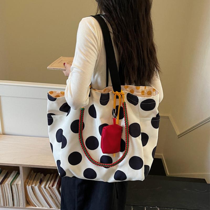 Large Capacity Polka Dot Tote Bag Korean Lazy Style Canvas Shoulder Bag Lightweight Stylish Shopping Handbag Casual Commuter Bag