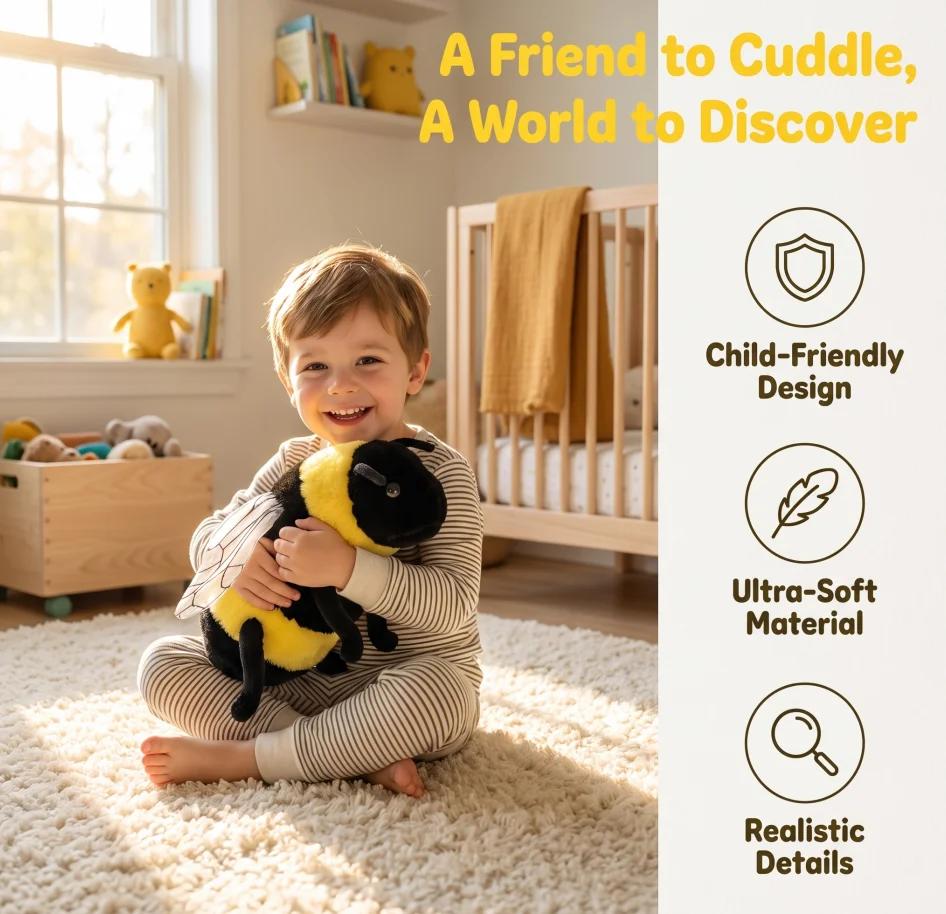 Realistic Bumblebee Insect Plush Doll Soft Fluffy Bee Stuffed Toy Cute Decor Gifts For Children And Adults
