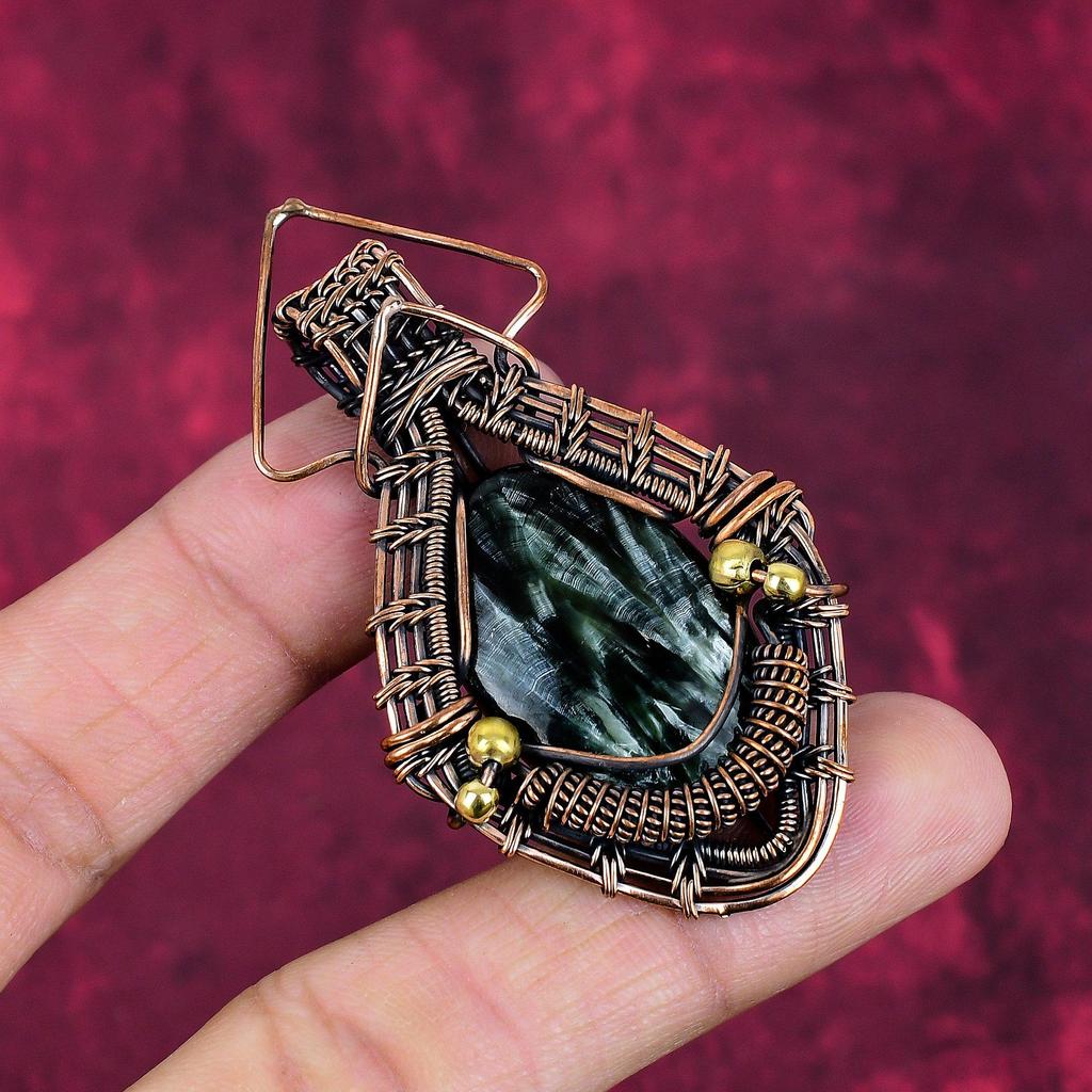Seraphinite Gemstone Pendant Copper Wire Wrapped Jewelry Handmade Amazing Pendant