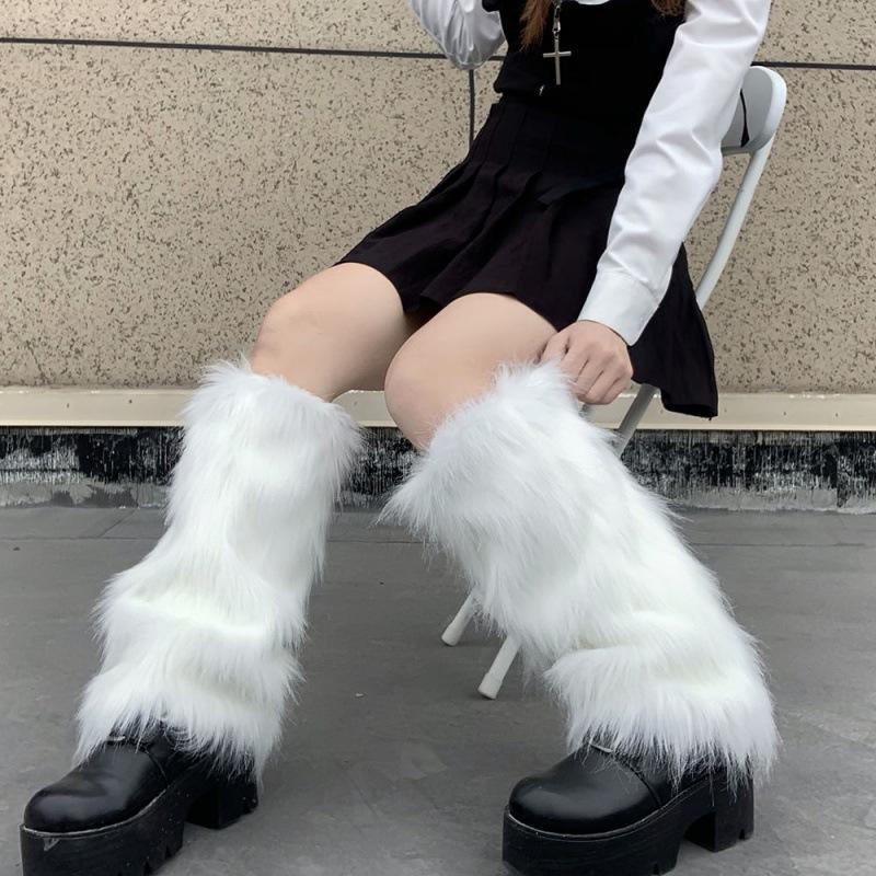 Polainas de Piel Artificial para Mujer Estilo Lolita Japonés Otoño e Invierno Calcetines de Punto Negros y Blancos Polainas para Mujer