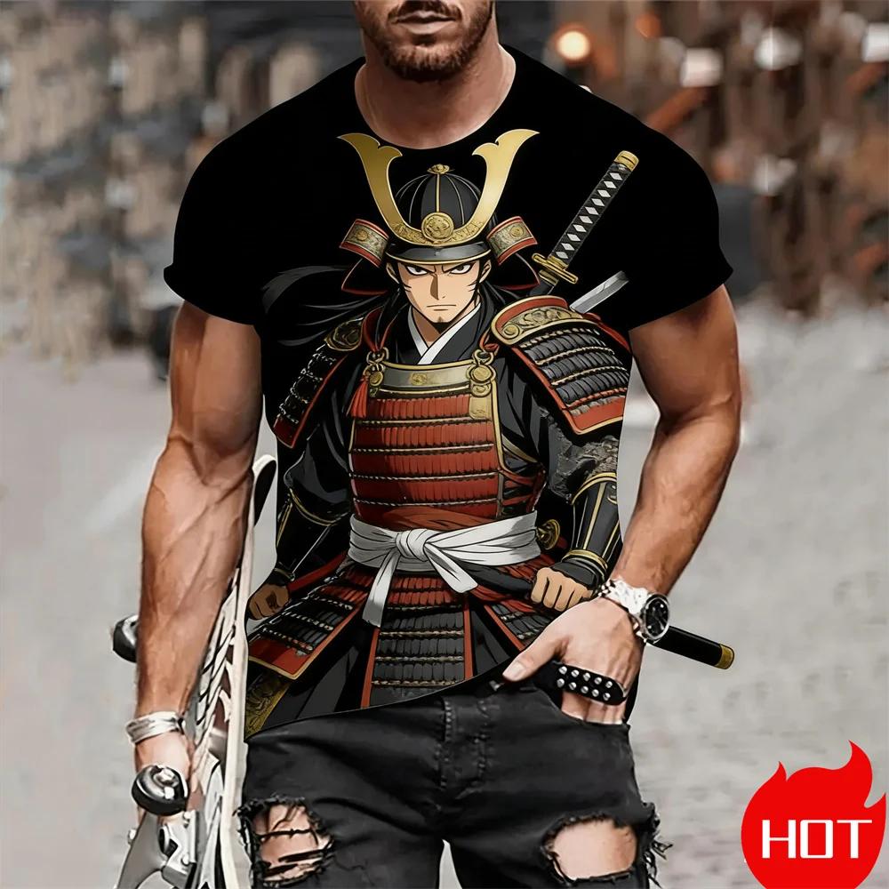 Anime Printed Men's T-shirt 3D Cool Samurai Pattern Short Sleeve Tops Daily Leisure Fashion Breathable Round Neck Pullover Tops