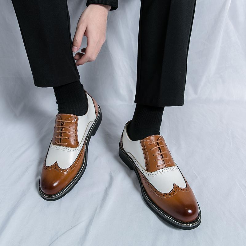 FashionMen's Business Leather Shoes lace up oxfords British Brown Pointed Business Casual Leather Shoes Men Dress Wedding Shoes
