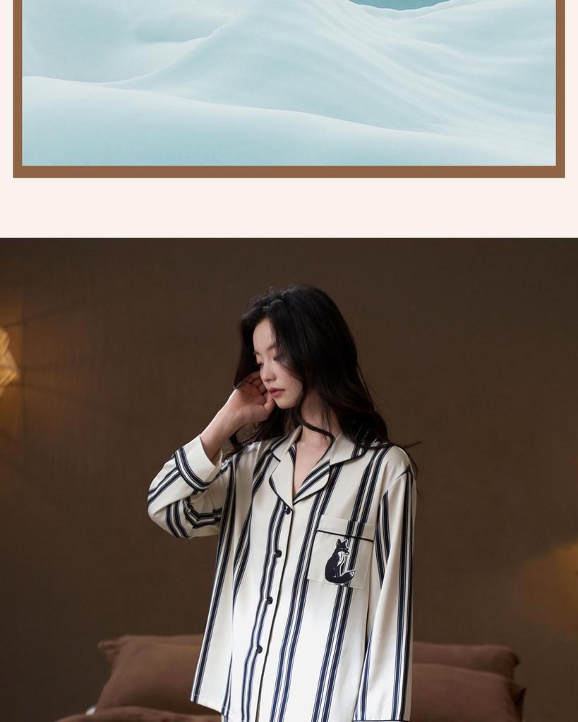 Women's Striped Thin Ice Silk Pajama Set, Long Sleeve, Spring/Autumn Style, High-End Feel for Indoors or Outdoors