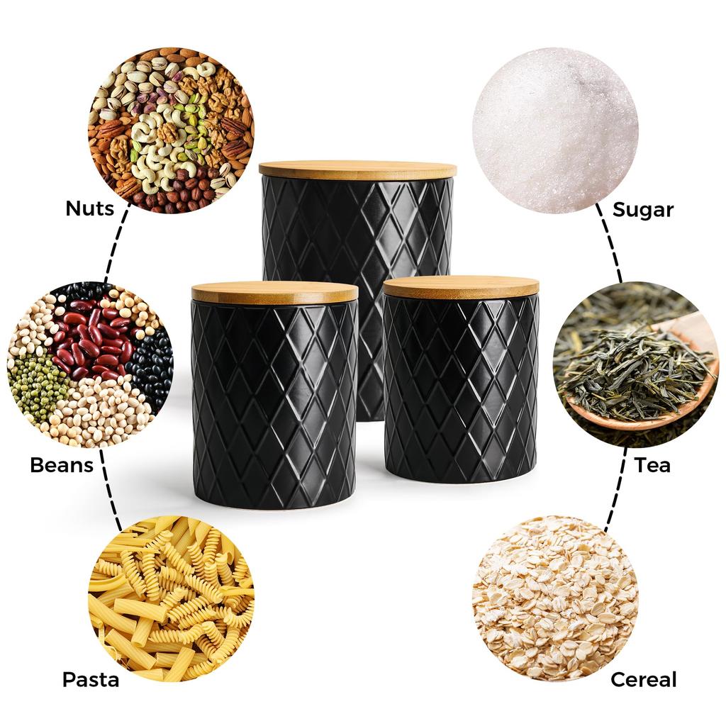 MIAMIO Kitchen Canister Set of 3 Ceramic Canisters with Wooden Airtight Perfect for – Lid, Coffee, Tea, Sugar, Flour, Salt, Etc. (Black)