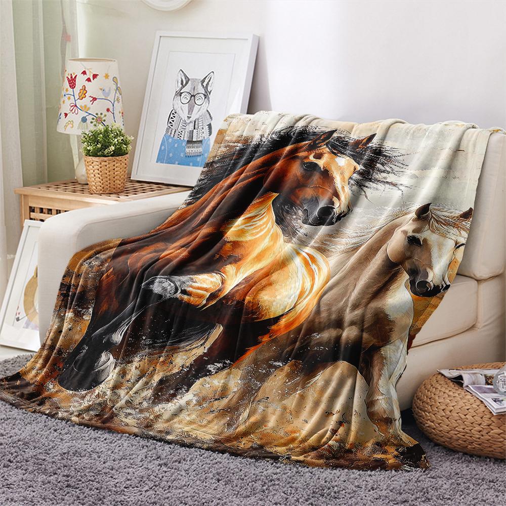 1Pc Horses Painting Print Flannel Blanket, High Quality Comfortable for All Seasons, Home Decor, Warmth and Comfort, Perfect for Christmas Gifts