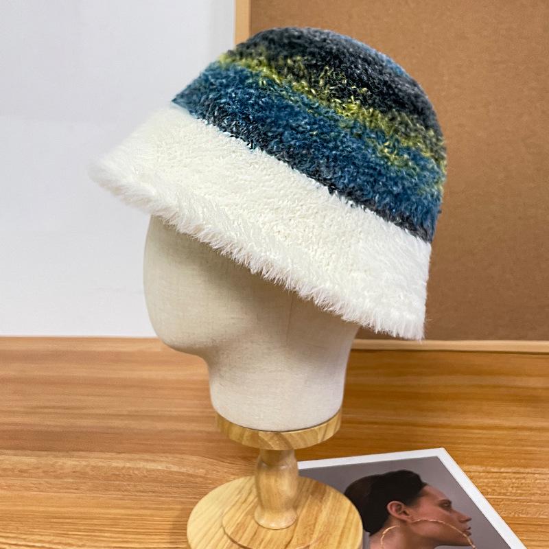 Rainbow Striped Fisherman Hat Children's Fashion Thickened Fleece Hat Autumn and Winter Outdoor Washbasin Hat