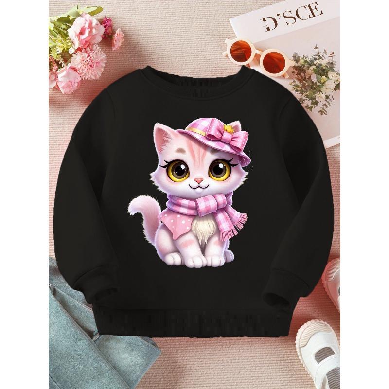 Kids Crewneck Sweatshirt, Cute Pink Plaid Cat Cartoon Print,Spring Autumn Sweatshirt 110