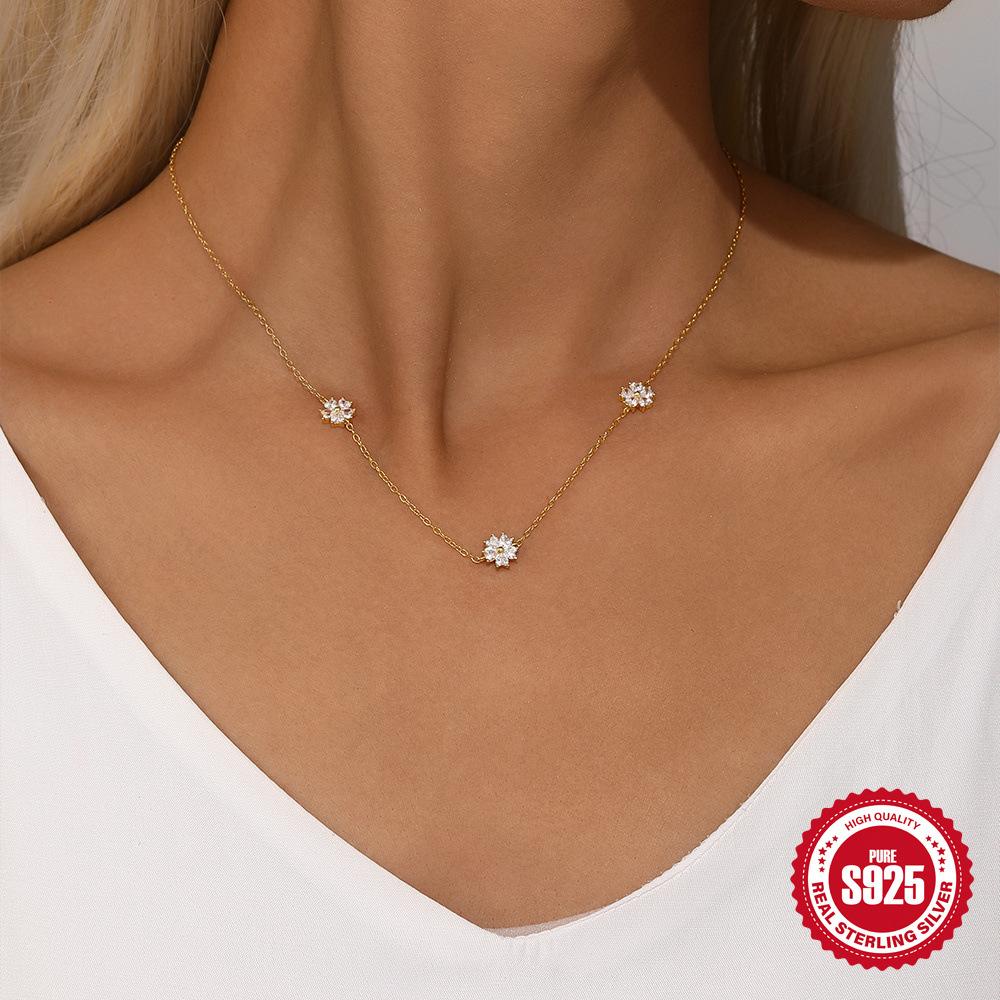 Wind Commuting Simple Wear S925 Sterling Silver Love Zircon Spell Five-Petaled Flower Element Necklace Collarbone Chain