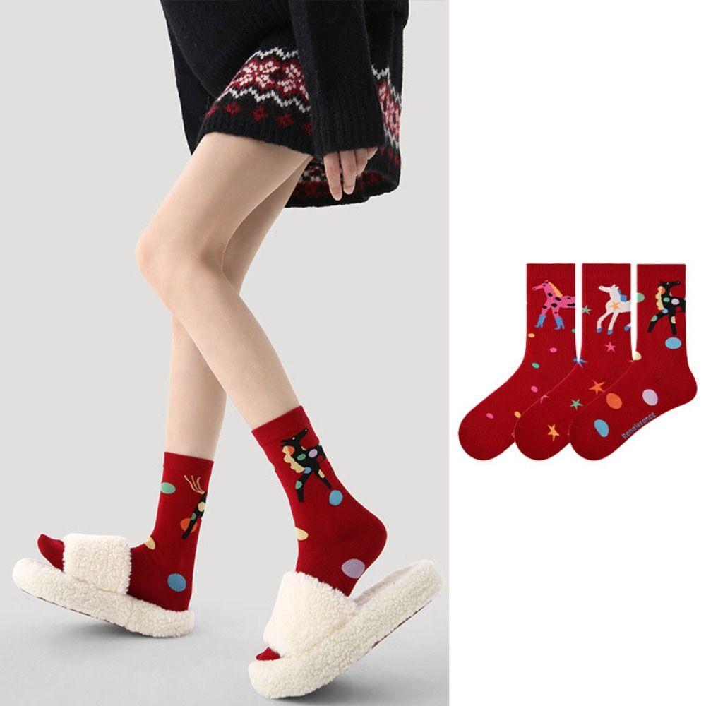 3Pairs Winter Autumn New Year Tube Socks Cartoon Zodiac Year Socks Cute Red Cotton Socks  Women