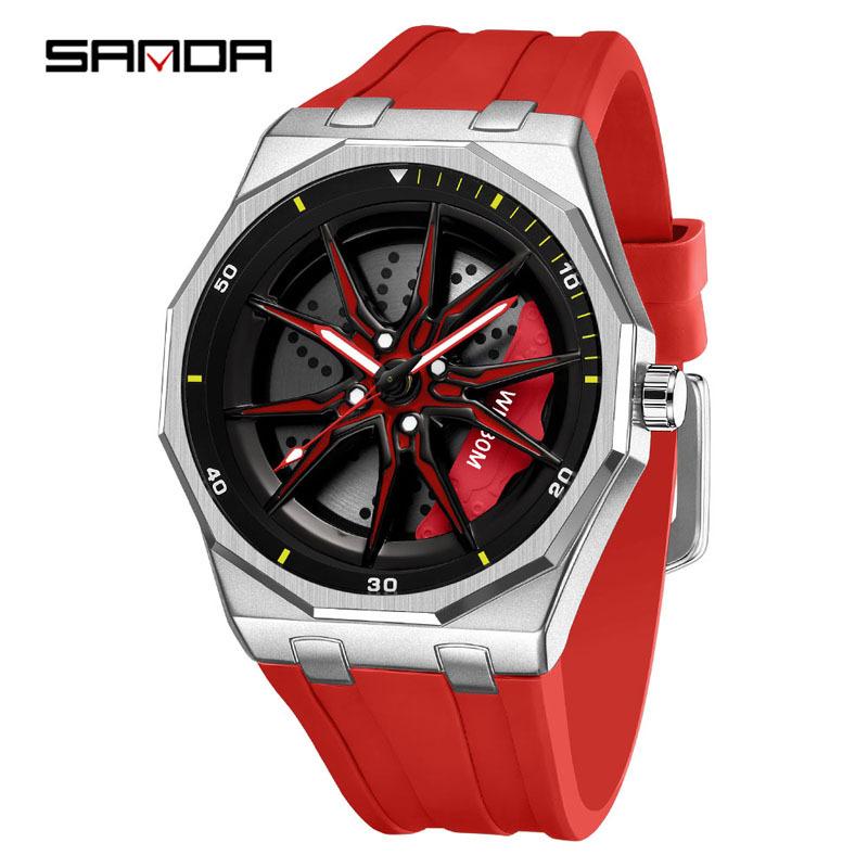 Sanda Brand Men's 360° Rotating Wheel Hubcap Design Quartz Watch Fashion Sports Silicone Waterproof For Daily Wear Hollow Watch