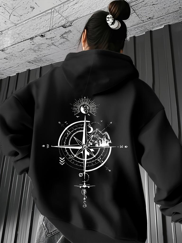 Hooded Sweatshirt with a Mystery Adventure Theme Featuring a Compass And Mountain Monogram Print Perfect for Casual Wear In The Fa