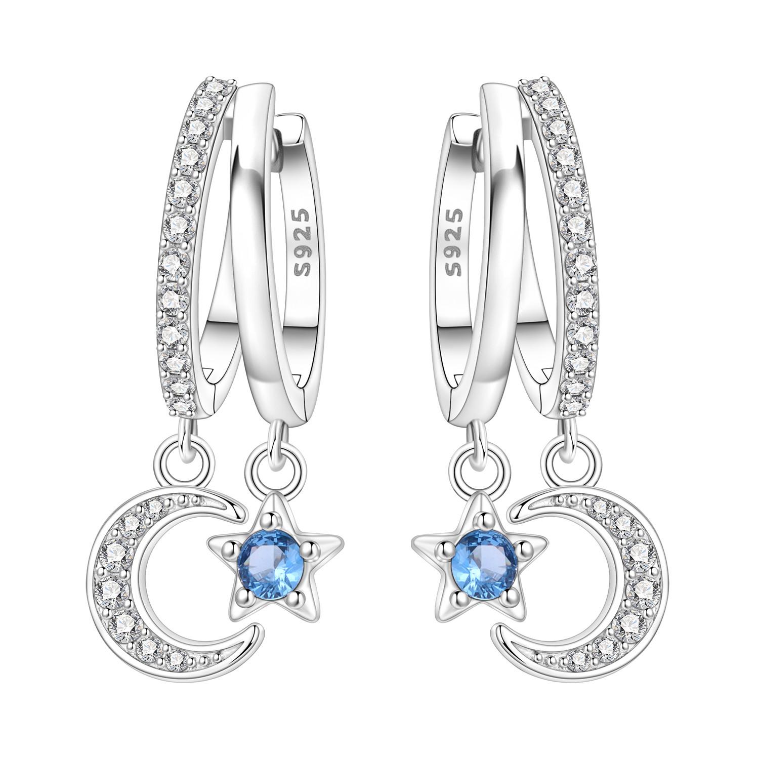 

925 Silver Double Circle Star Moon Drop Earrings Women Earrings Charm Trendy Jewelry Wedding Anniversary Gifts
