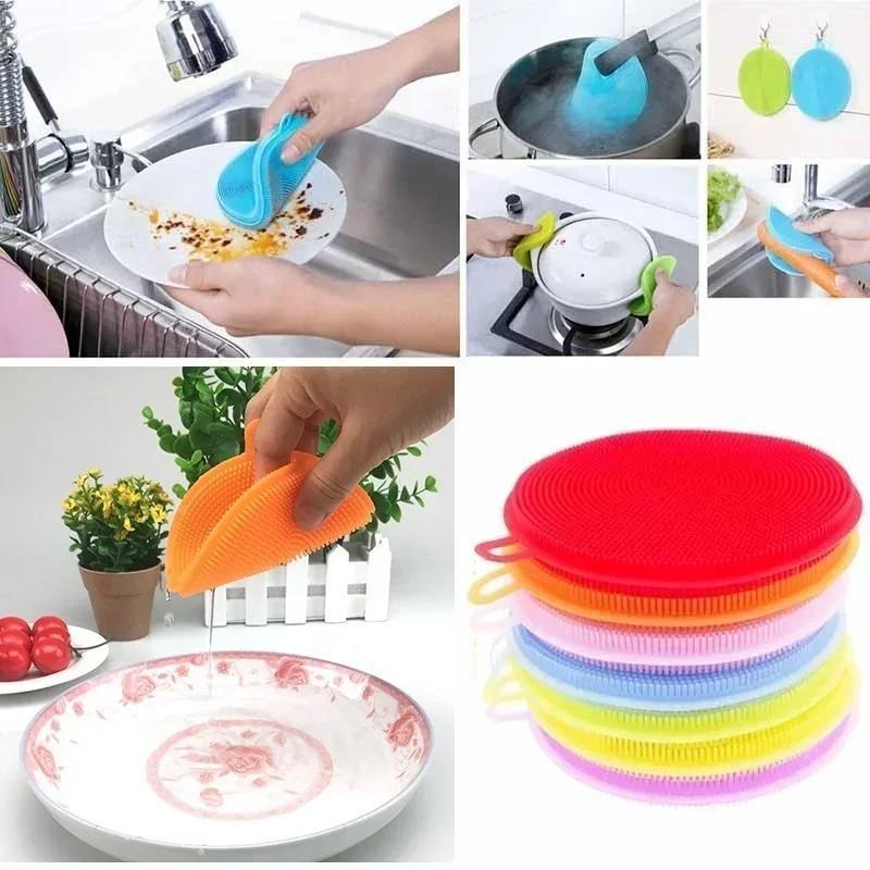 New Kitchen Portable Dish Washing Scrubber Silicone Bowl Cleaning Brush Cloth Scouring Pad Pot Kitchen Cleaning Dish Sponge Tool