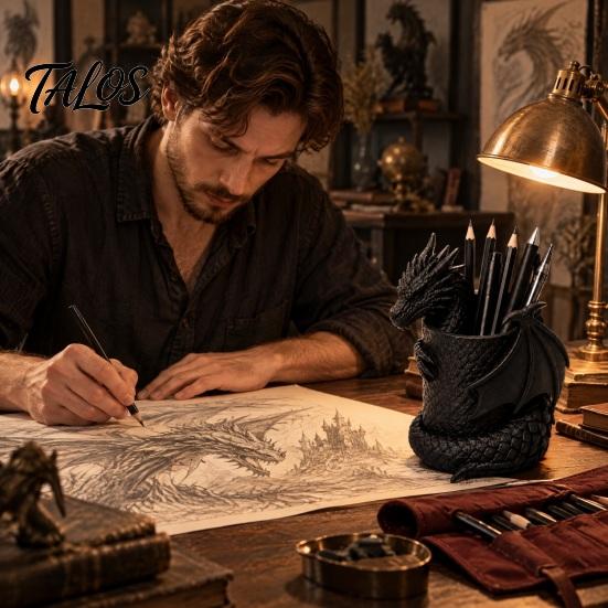 Unique Dragon Ornament 3D Printed Gothic Pen Holder, Coiled Figurine Stationery Cup, Creative Pencil Cup Fantasy Desk Organizer, Halloween Tabletop