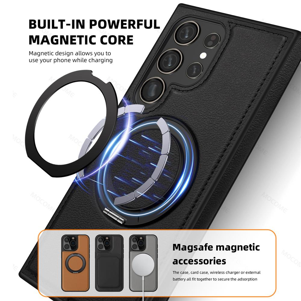 For Samsung Galaxy S24 Ultra 5G  Case Magsafe  Leather With 360 Ring Kickstand Protection Cover Shockproof Funda Phone Cover