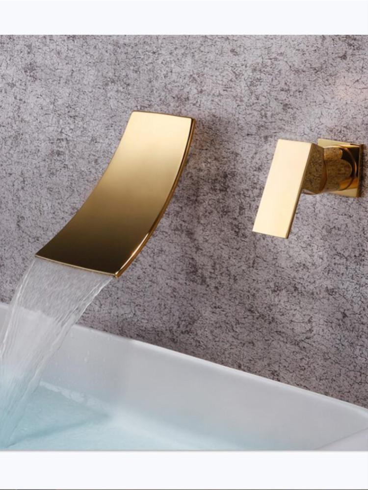 Wasserfall Beckenarmatur Wandmontage Einhebel-Heiß- und Kaltmischer Armatur Badezimmer Einbau-Beckenarmatur Messing Gold