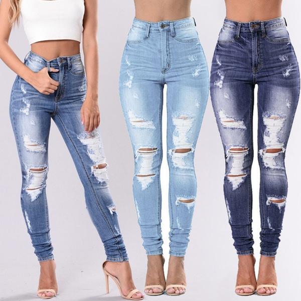 Women's Fashion Ripped Jeans Stretch Thin Beggar Pants Casual Denim Pants High Waist Leggings Trousers