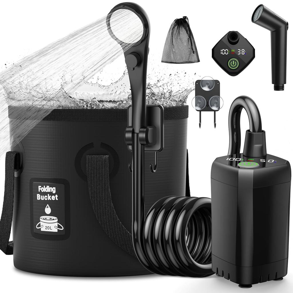 Mytrix Portable Shower for Camping, 6000mAh Rechargeable Electric Shower with 20L Folding Bucket, Simple Shower