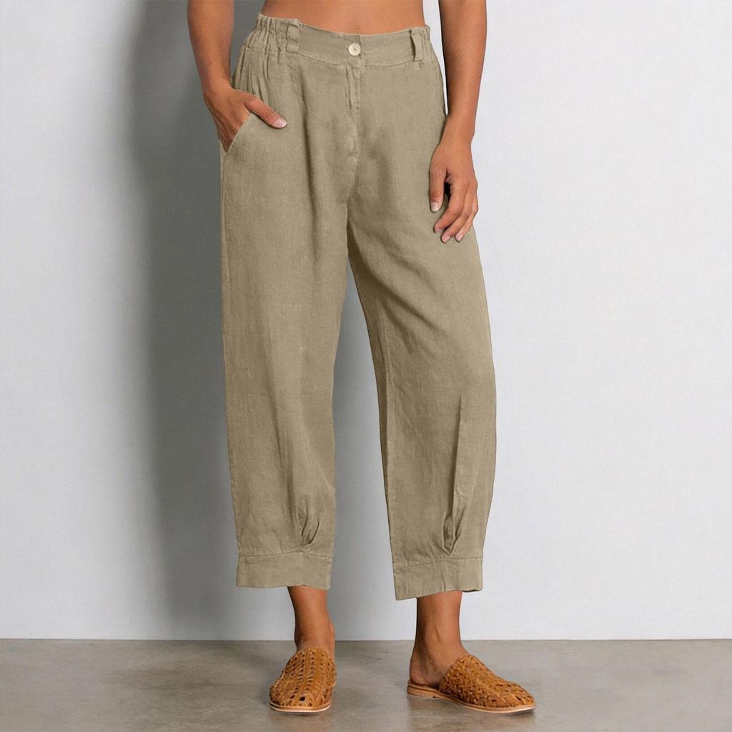 Women's Casual Cotton Linen Button Front Pants with Pockets Elastic Waistband and Ankle Cuffs Relaxed Fit Cropped Trousers
