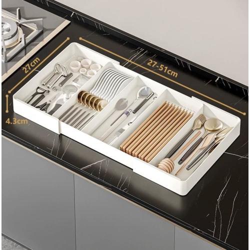 Mamakura Cutlery Case (Adjustable and Expandable) Cutlery Tray with 2-Sided Expandable Drawers and Dividers, Easy to Clean, Kitchen Storage, W27~51 x