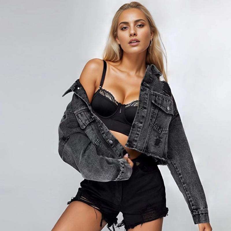 Dark Blue Women's Frayed Denim Jacket - Autumn Fashion Short Style