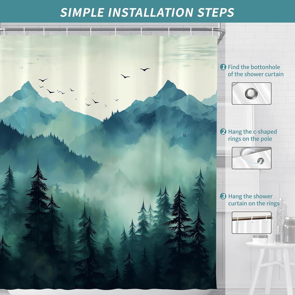 Mountain Forest Shower Curtain Misty Landscape Pine Trees Birds Scene Nature Art Bath Decor Waterproof Fabric Home Accessories