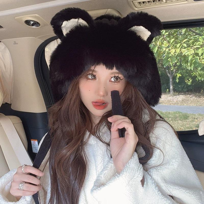 Fox Ear Hat Female Winter Sweet and Cute Knitted Woolen Lei Feng Hat Plush Thick and Warm Northeast Mongolian Hat Ear Protection