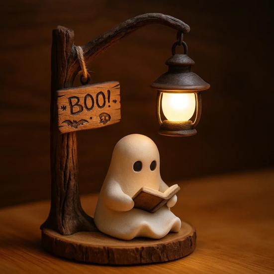 Ghost Reading Street Lamp 3D Resin Halloween Ghost Night Light LED Ghost Reading Book Table Lamp with Warm