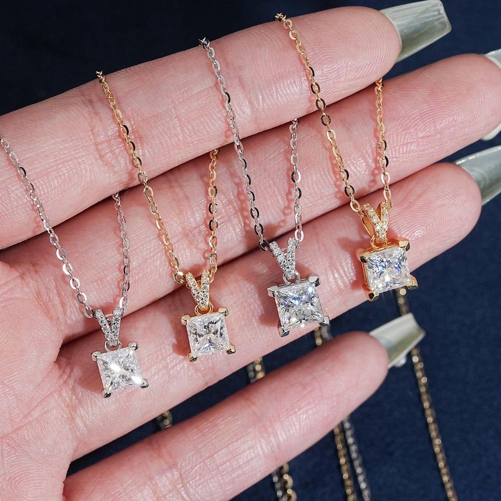 Super Sparkle Princess Cut Moissanite Square Necklace 1.2/1.5 Carat Luxury Clavicle Chain