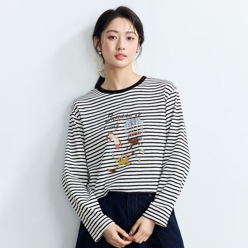 INMAN Women s Striped Rocking Horse Print Long-Sleeve T-Shirt S