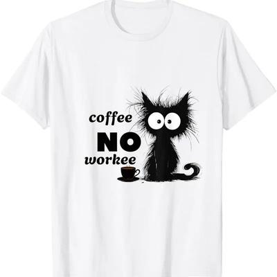 Koffie Geen Werk Grappige Zwarte Kat Grafisch T-shirt Zacht Ademend Katoen Korte Mouw T-shirt