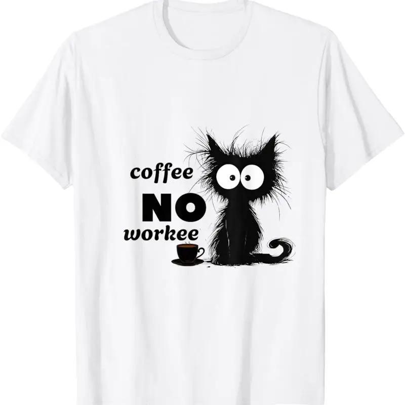 Coffee No Workee Funny Black Cat Graphic Tee Soft Breathable Cotton Short Sleeve TShirt S