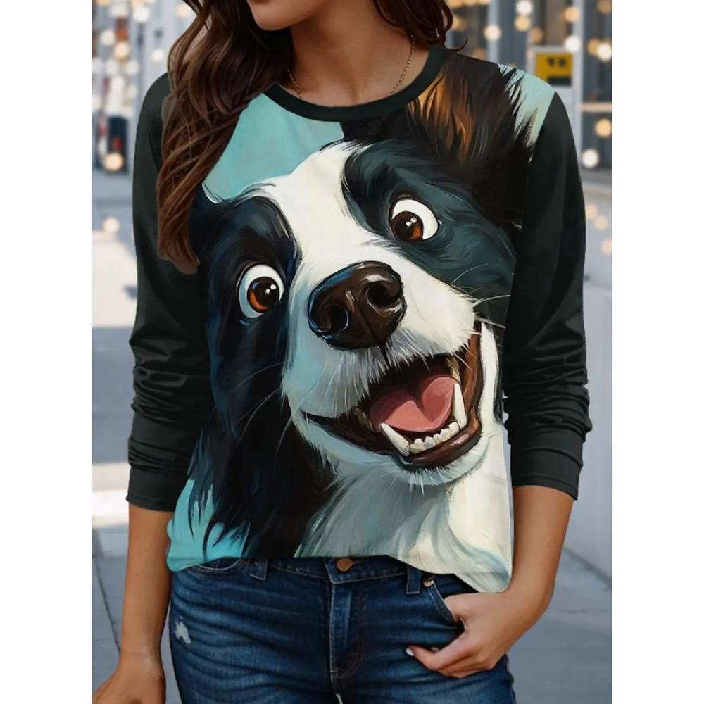 Funny Animal Cattle 3d Print Long Sleeve T-Shirt Women's Fashion Casual Oversized Round Neck T-Shirt