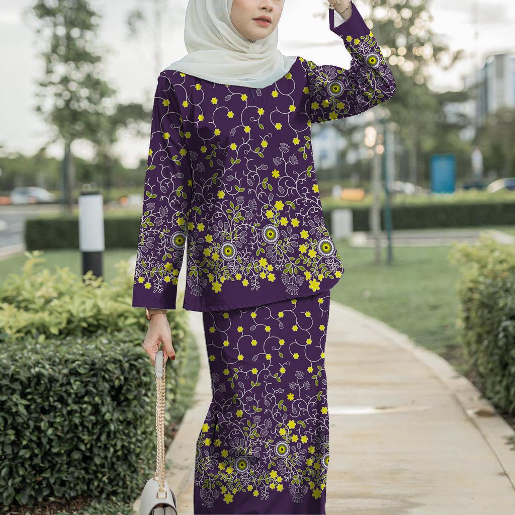 New style printed black series ethnic style suit Kurung Pahang fashionable, comfortable and breathable chiffon fabric ladies dress suit