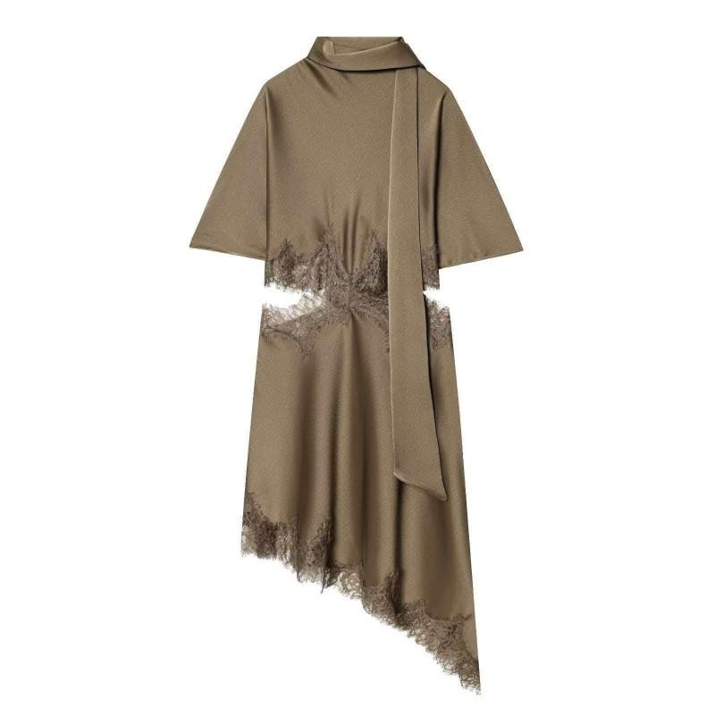 Elegant Satin Lace Trimmed Wrap Neck Sleeveless Midi Dress Women 2026 Slim Fit Olive Solid Extra Small оливковый