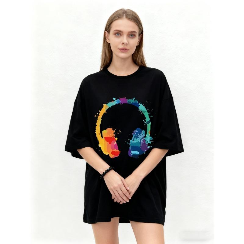 Nadměrné tričko černé s potiskem duhových sluchátek, ležérní streetwearový módní top pro ženy a muže, pro milovníky hudby, pro každodenní nošení