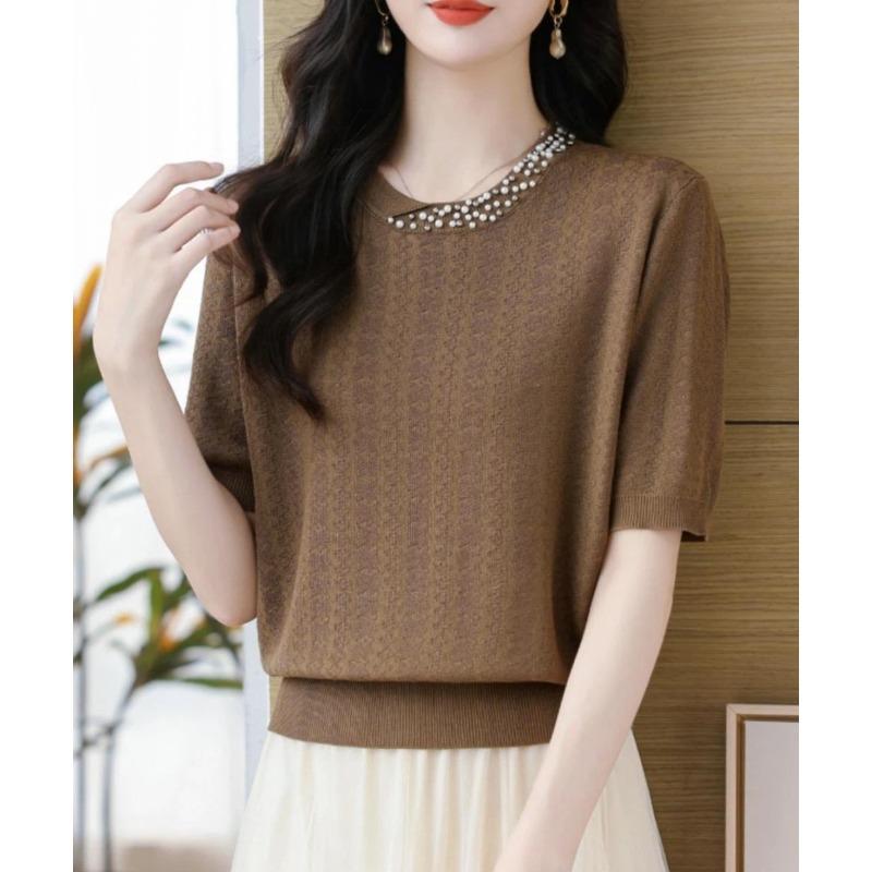 Women Heavy Beaded Neckline Jacquard Knit Short Sleeve T Shirt New Fashion Summer Casual Elegant