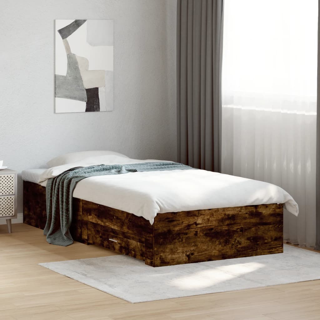 Bed Frame with Drawers Smoked Oak Finish 100x200 cm Engineered Wood