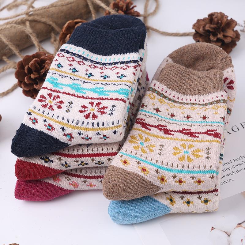 5 Pairs Autumn And Winter Thickened Diamond Curry Mid-Calf Socks Warm Women's Socks Stacked Socks Wholesale Wool Socks Diamond Retro Terry Socks