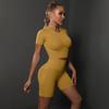 Seamless Peach Butt Solid Color Elastic Yoga Shorts & Short Sleeve Top Set