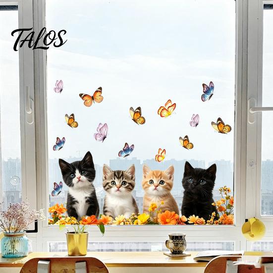 Non-damaging Glass Decal Cat Butterfly Static Sticker, Waterproof Animal Window Decoration Sticker Decal, Removable Pet for Bedroom Balcony