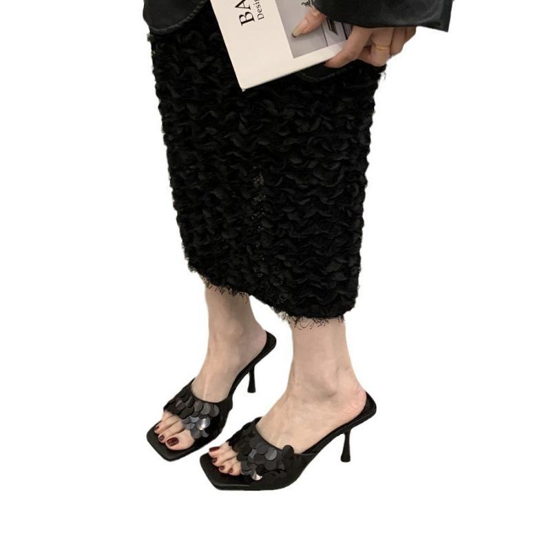 Summer new niche high-end cool slippers outer wear thin heel sequined high-heeled sandals women's shoes