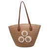 Woven Straw Tote Bag with Flower Embellishments Leather Handles Summer Beach Bag Women's Casual Handbag Large Capacity